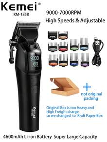 Kemei Recortadora de pelo profesional de alta velocidad KM-1858 a 9000RPM para corte de pelo de hombres, con cuchilla de DLC, uso en salón, máquina de corte de pelo potente, velocidades ajustables, recortadora eléctrica de gran capacidad de 4600mAh para uso doméstico y familiar - Negro - Ver 2