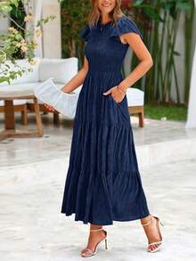 Women's Summer Elegant Dress Floral Cap Sleeves Ruched Ruffles A-Line Long Flowy Boho Dress Cocktail Wedding Guest Gown Vacatio Vestidos Elegantes De Mujer Navy Blue Dresses For Women - 藏蓝色 - 查看 5