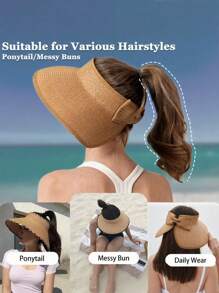 Women's Sun Visor Hats Wide Brim Straw Beach Hat Ponytail Hats For Women Foldable Floppy