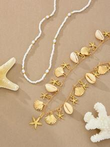 2pcs Set Bohemian Style Starfish & Shell Pearls Women Waist Chain Suitable For Beach Vacation, Holiday Gift