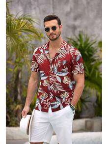 Mens Hawaiian Shirt Short Sleeve Floral Button Down Shirts Tropical Summer Beach Shirts Camp Collar Shirthalloween - 紅葉 - 查看 3