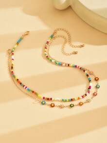 2 件套女士颈链套装，彩色花朵串珠链式波西米亚风夏季海滩度假项链，玻璃材质（花朵颜色随机） - 彩色 - 查看 4