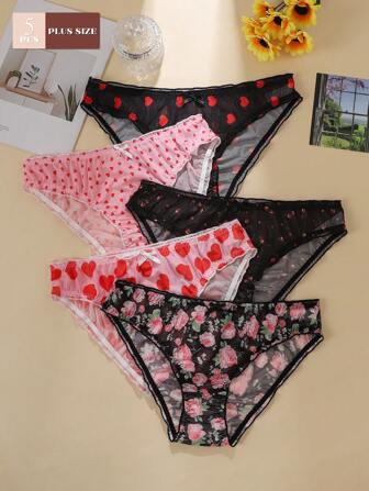 5 件/包大码女士内裤，花卉和心形印花，撞色饰边，舒适面料，蝴蝶结装饰