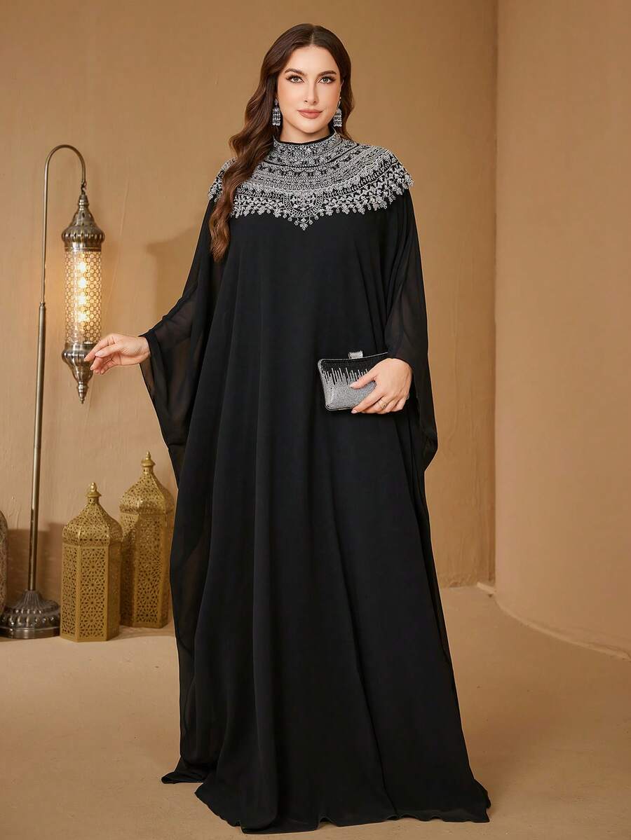 SUPGIR فستان سهرة أنيق من الشيفون بأكمام كيب مزين بالخرز والترتر مقاسات كبيرة للنساء، لون أسود للربيع - الأسود - مشاهدة 1