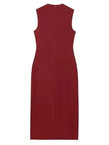 女士黑色长连衣裙，适合办公室穿着，春季无袖中长连衣裙，配有腰带和纽扣，以及女士吊带裙 - 酒紅色 - 查看 7