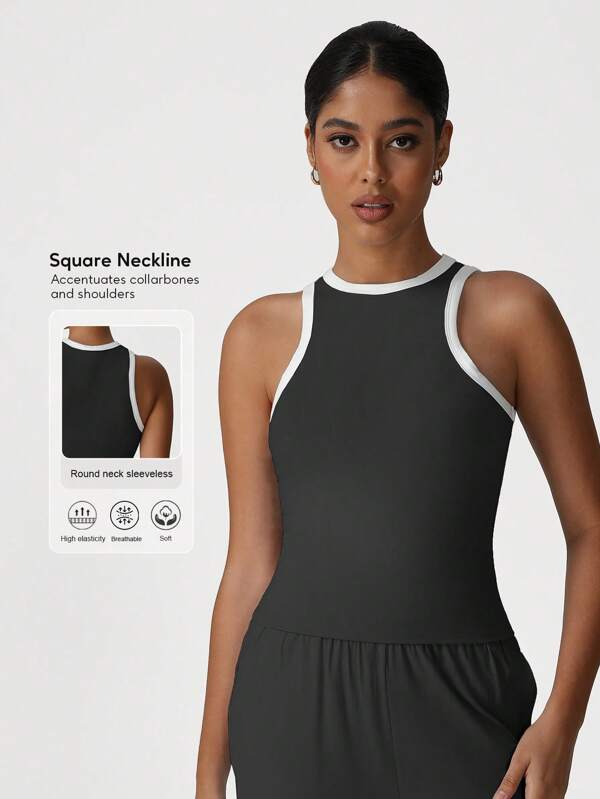 Sodalemon Women Contrast Color Fitness Training Top Sleeveless Elastic Round Neck Run Yoga Pilate Sport Tank Top
