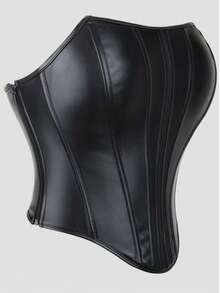 Cyberpunk Style Black Faux Leather Strapless Corset Top, Deep V-Neck ...