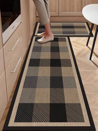 1pc Silica Gel Kitchen Mat, Khaki Color Block Patchwork Pattern, Linear Design, Luxury Minimalist Style, Cushioned Anti-Fatigue Kitchen Carpet, Water-Absorbent Non-Slip Kitchen Rug, Approx. 3mm Thick, Trimmable, Durable Soft Rubber Mat With Fabric Surface, Foam Middle, Rubber Bottom, Suitable For Kitchen, Bathroom, Entryway, Laundry Room