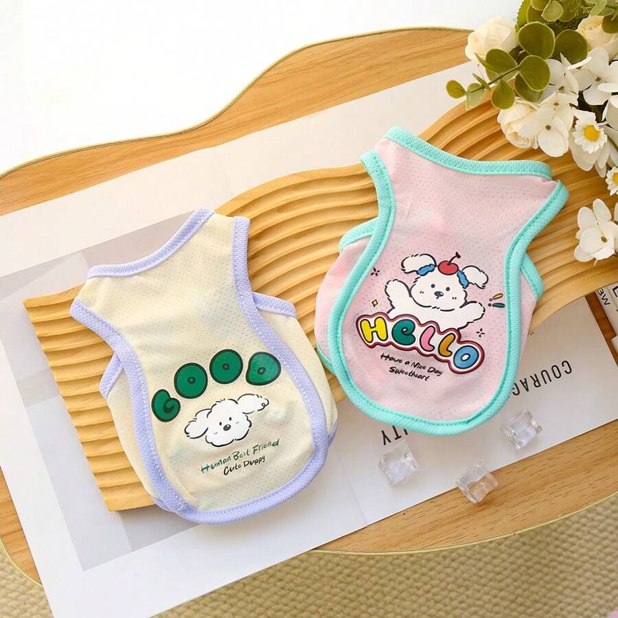 宠物夏季衬衫，冰丝透气服装，户外背心，可爱卡通图案，适合猫狗，适合泰迪和贵宾犬 - 綠色 - 查看 1