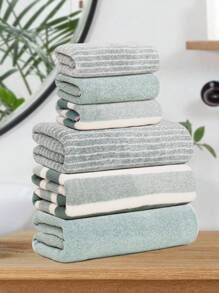 1pc Bath Towel / 6pcs Set [3pcs Hand Towel + 3pcs Bath Towel] Striped & Solid Color Combo, Made Of Super Soft Coral Fleece, Absorbent Quick Dry, Skin-Friendly, Fade & Shed Resistant, Ideal For Daily Bathing, Bathroom, Kitchen, Swimming Pool, Beach, Travel, SPA, Pet Use, Gift-Giving, 13.78x29.53inch/35x75cm, 27.56x55.12inch/70x140cm Back To School For Beauty Salon Home Bathroom