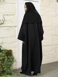 VFJ Women's Casual Modest Loose Zip-Up Half-Open Collar Dress And Headscarf - Black - View 7