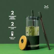 Pandaloo? Glass Cups With Lids And Straws -20 Fl Oz- Perfect Size Iced Coffee Cup - Smoothie Cup With Bamboo Lid And On The Go Lid - Glass Tumbler (2 Count (Pack Of 1), Amber Sand-Coton White) - Amber Sand-coton White - View 4