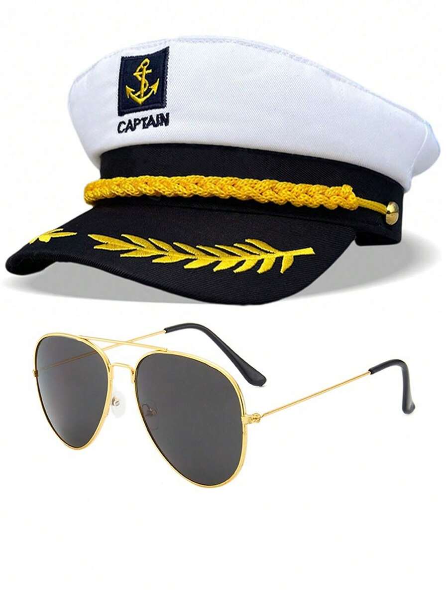 2pcs/Set Captain Hat (Hat + Glasses) Party Hat, Funny Hat Suitable For Holiday Performance, Yacht Party, Beach Party