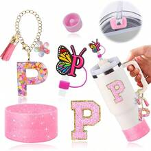 Set de 6 accesorios para taza de 30oz y 40oz, compatible con tazas , incluye dijes con letras para el asa, funda de silicona, tapa para pitillo y pegatina (letra S) - Letra P - Ver 1