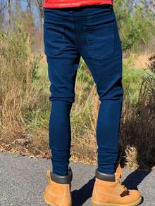 1pc Men's Black Slim Fit Stacked Jeans, Comfortable Casual Street Wear Distressed Denim Pants, Suitable Gift For Husband Or Boyfriend - Dark Wash - View 2