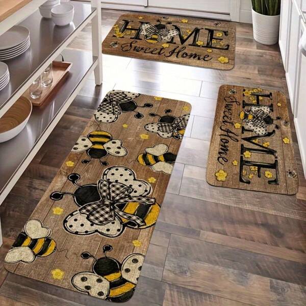 1pc Summer Soft & Lightweight Kitchen Mat With Striped Bee Pattern, Strong Traction, Machine Washable, Suitable For Kitchen, Living Room, Bedroom, Summer Decor, Door Mat, Small Rug, Entryway Mat, Carpet, Mat, Outdoor Door Mat, Kitchen Rug, Home Decor, Front Door Mat, Area Rug, Outdoor Mat, Home Decor, Area Carpet, Garden Rug, Washable Carpet
