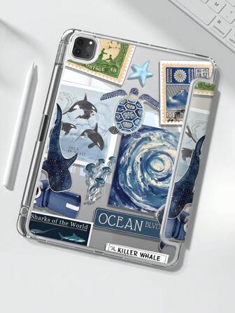 Funda protectora transparente de acrílico con diseño a doble cara de un hermoso y lindo tiburón azul, tortuga y medusa, resistente a golpes, adecuada para iPad de 7th, 8th y 10th generación (10.2 pulgadas), cuenta con ranura para bolígrafo y función de suspensión y activación, ideal como regalo de vacaciones y Año Nuevo.
