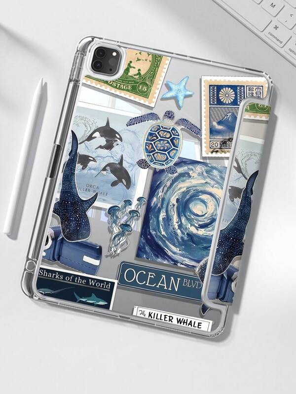 Uma linda e fofa capa transparente de cristal acrílico de cores dupla-face com tubarão azul, tartaruga e água-viva pintados, à prova de choques, adequada para casos de proteção do iPad de 7ª, 8ª e 10ª gerações (10,2 polegadas), com compartimento para caneta e suporte para função de sono e despertar, presente para férias e Ano Novo.