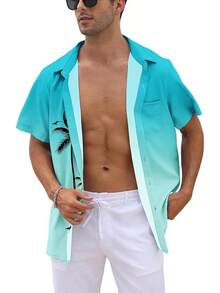 Men's Short Sleeve Button Up Hawaiian Shirt 1950s Vintage Bowling Shirts-20256688 - Gradient-turquoise - View 4