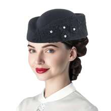 1pc Vintage European British Wool Felt Headdress Hat, Women's Church Derby Headpiece With Floral Decoration, Soft Beret Cap, High-End Stewardess Hat Suitable For Cosplay, Theme Party, Online Influencer Props