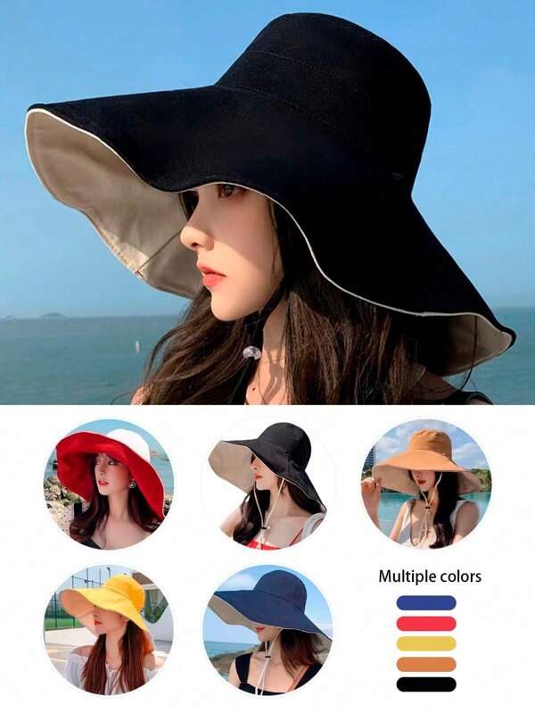 1pc Wide Brim Double-Sided Bucket Hat, 14cm Extended Brim Summer Japan Style Sun Hat UV Protection