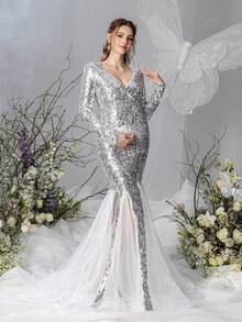 Faeriesty Dressalisa luxuriöses Umstandsabendkleid mit langen Ärmeln, V-Ausschnitt, Pailletten-Netzstoff für Schwangerschaftsfotos, Baby-Shower, Brautporträts, formelle Galas, Preisverleihungen - Silber - Übersicht 6