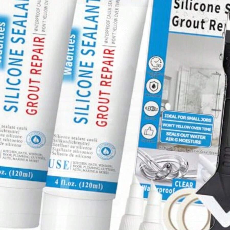 Kit de 2 paquetes de 4 oz de sellador de silicona a prueba de agua transparente de 8 oz, reparación de juntas de azulejos, incluye raspador para retirar el cemento de las juntas, a prueba de contracción y grietas para baño, ducha, cocina y piso - Blanco - Ver 1