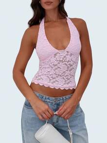 Women Lace Halter Tank Tops Y2K Floral Lace Sleeveless Deep V Neck Ruffle Hem Low Cut Sheer Mesh Crop Top Sexy See Through Backless Vest Shirts Summer Going Out Tops Party Club Streetwear - 粉色 - 查看 4