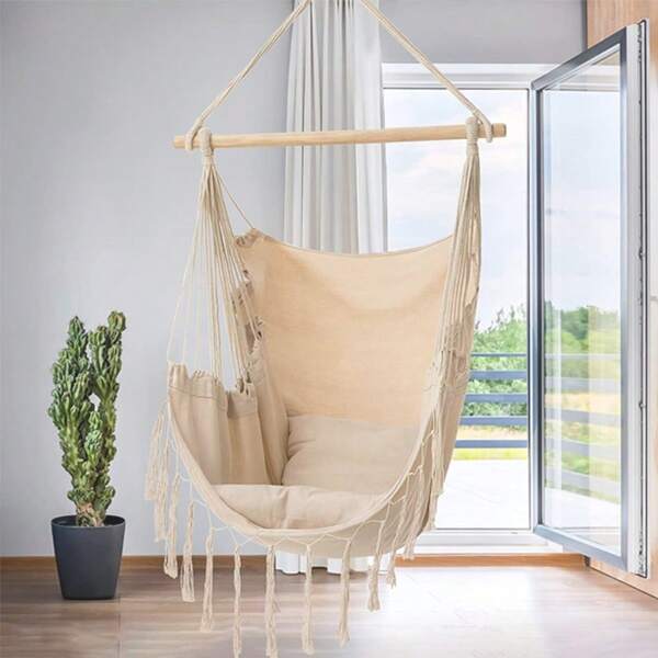 1pc Large Beige Hanging Swinging Chair Garden Patio Furniture Hammock Swing Chair Macrame Outdoor Indoor