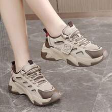 2025春秋季时尚白色运动鞋，厚底休闲帆布鞋，防滑 - 棕色 - 查看 4