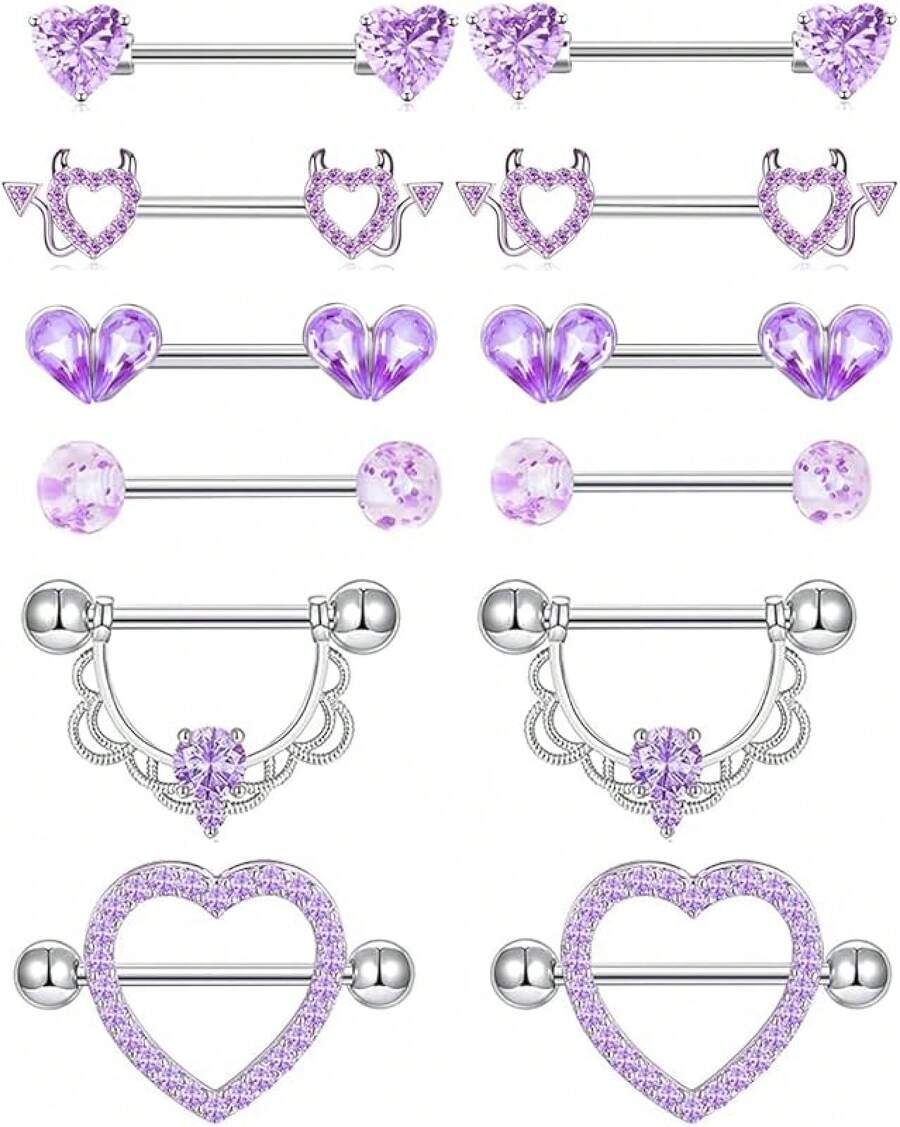 6 Pairs Stainless Steel Nipple Rings Set With Heart & Butterfly Designs - Purple - View 1