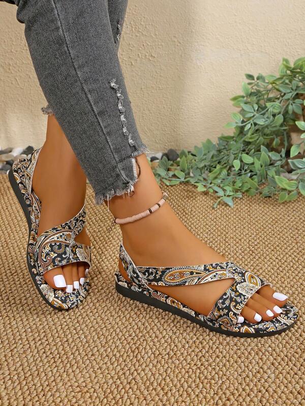 1 Paar zufällig bedruckte bohemian PU Leder asymmetrische Strand Urlaubs Hochzeit Party Sommer Sandalen