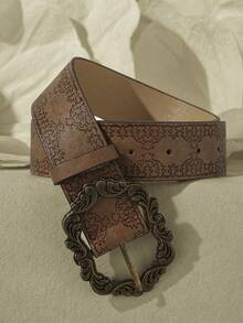 1pc Women's Retro Heart Buckle Waist Belt, Dark Floral Western Style PU Leather Belt, Versatile & - Belt a - View 6