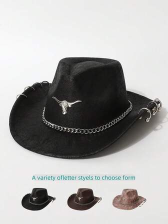 1 件女式/中性西部牛仔帽，时尚纯色 PU 绒面面料，帽檐朋克风格，可拆卸帽带，百搭设计