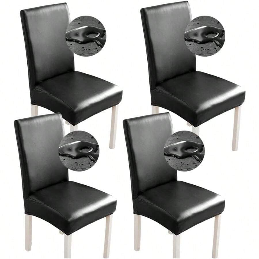 Bestenrose Stuhlhussen 6er 4er PU Leder Stuhlbezug wasserdichte Stretch zimmer Stuhlüberzug Stretch Stuhl Husse Universell Stuhlhussen Haus Büro Restaurant 4Stück Schwarz - Schwarz - Übersicht 1