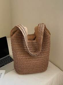 Bolso de playa trenzado de gran capacidad, bolso de mano y monedero de paja de verano, bolso bohemio de hombro para mujeres y damas, bolso de viaje
