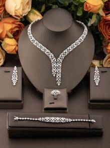 1 Set Luxury Elegant Cubic Zirconia Faux Pearl Jewelry Set, Including 1 Pair Of Earrings, 1 Necklace, 1 Bracelet, 1 Ring, Suitable For Women's Wedding, Party Wearing (Excluding Gift Box)