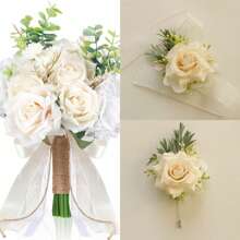 Bridesmaid & Bride Bouquet, Ivory Corsage & Boutonniere, White Wedding Flower Accessories, Church Party Decor, Prom Set, Floral Decor