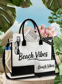 Bolso de mano y bolso, bolso de hombro, impreso con las letras "Beach Vibes", bolso de tarjetas, bolso de tela versátil y portátil para maestros, bolsa de tela para apreciar a los maestros, regalo para mujeres, bolso de almacenamiento casual y portátil, bolsa de compras multifuncional