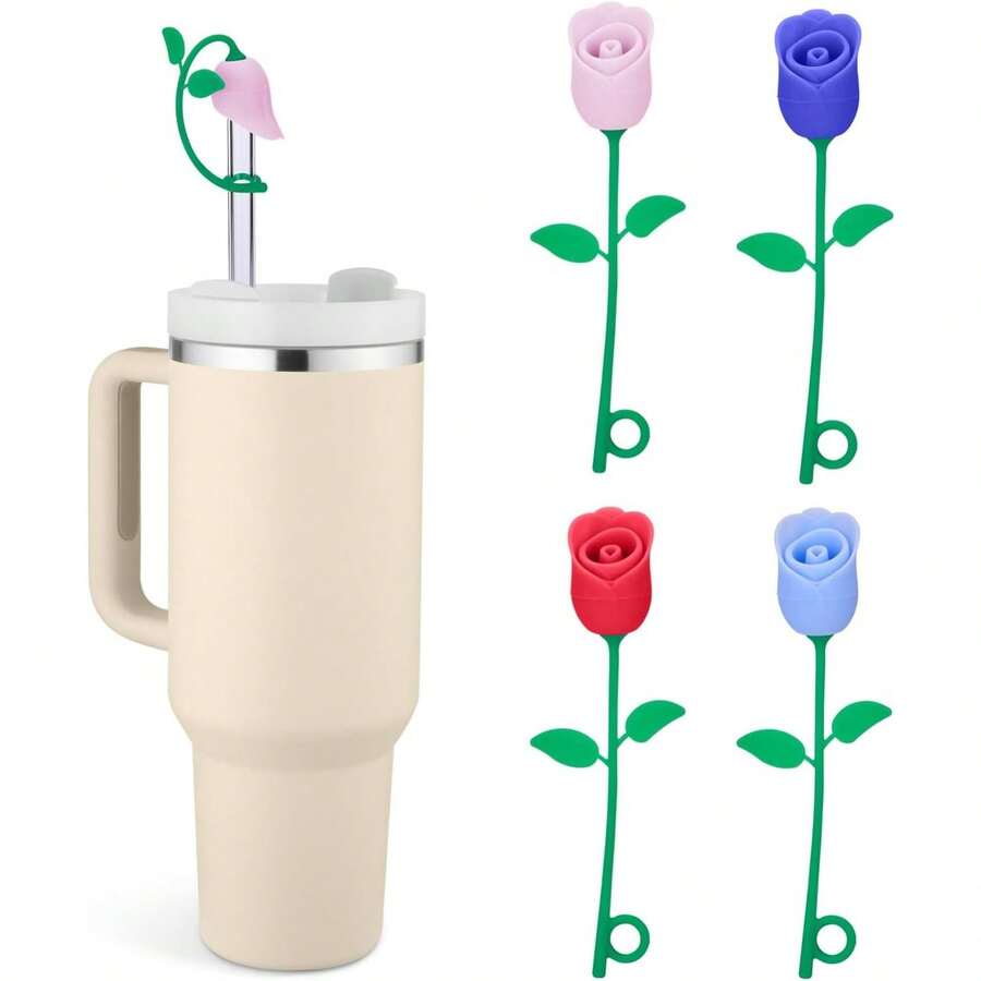 Straw Toppers For  Cup, Cute Straw Cover Cap Compatible With 20 30 40 Oz Tumbler And Water Bottles, 6 8 10mm Straws Accessories, 2Pcs Silicone Rose Flower For Women Girls Friends Gift (Pink)