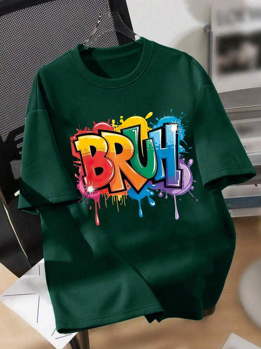 青少年男童 BRUH 印花圆领T恤，夏季休闲柔软上衣 - 墨綠色 - 查看 1