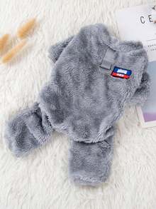 Pet Dog/Cat Hooded Jumpsuit, Winter Warm Pullover Outfit With Leash, Suitable For Poodle, Teddy, Silver Tabby Cats, Solid Color Indoor Loungewear