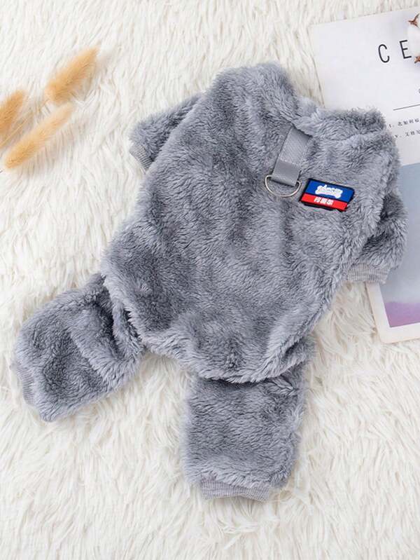 Pet Dog/Cat Hooded Jumpsuit, Winter Warm Pullover Outfit With Leash, Suitable For Poodle, Teddy, Silver Tabby Cats, Solid Color Indoor Loungewear