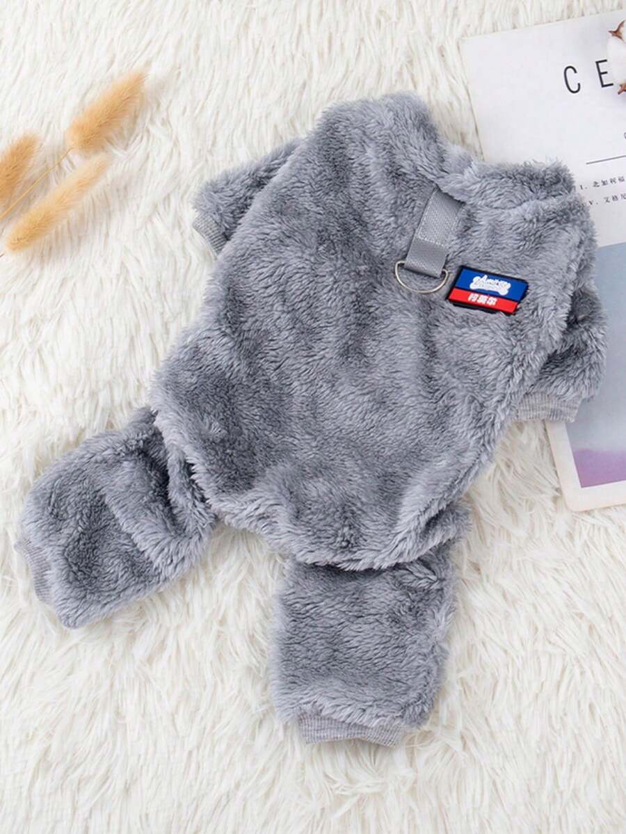 Pet Dog/Cat Hooded Jumpsuit, Winter Warm Pullover Outfit With Leash, Suitable For Poodle, Teddy, Silver Tabby Cats, Solid Color Indoor Loungewear