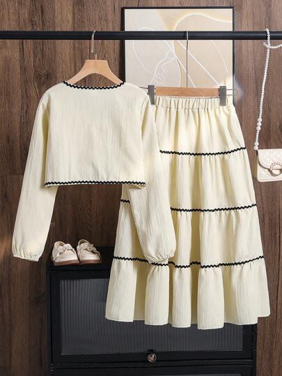 Left Mama Elegant Bowknot Decor Long Sleeve Top & Skirt Set, Casual Spring & Autumn Outfit For Tween Girls