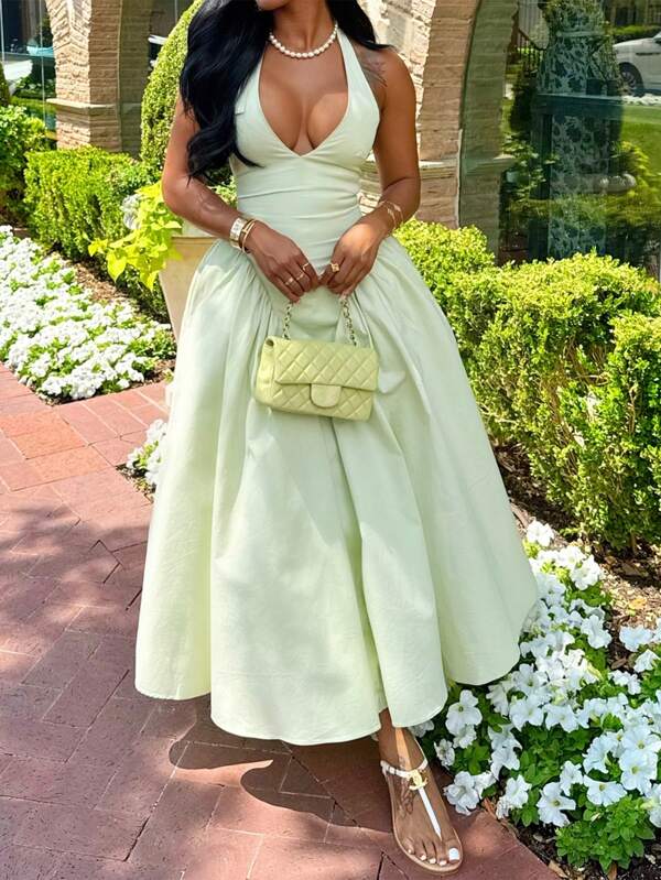 Unadoll Women's Low Cut, Neck Hanging, Backless, Waist Cinching, Elegant And Sexy Winter Dress, Suitable For Beach, Date, Thanksgiving, New Year, Party, Christmas Wear