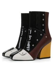 Women's Chunky Heel Ankle Boots Fashion Slip On Patent Leather Rivet Short Boots Square Toe Back Zipper Biker Boots For Women - 拼色 - 查看 3