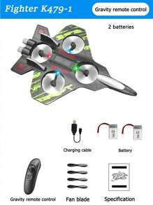 El avión de combate controlado por control remoto K479 ofrece la opción entre un control remoto con mando y un control remoto con sensor de gravedad. Está equipado con un sistema de ascenso/descenso con un solo toque, una función de giro de 360° y una función de vuelo en círculos.
