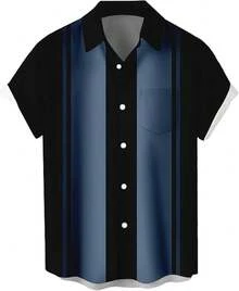 Men's Short Sleeve Button Up Hawaiian Shirt 1950s Vintage Bowling Shirts-20256688 - 保齡球黑藍色 - 查看 1