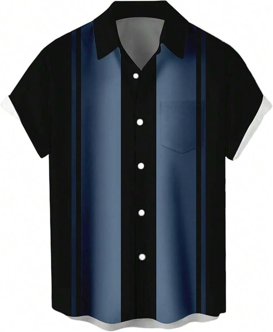 Men's Short Sleeve Button Up Hawaiian Shirt 1950s Vintage Bowling Shirts-20256688 - 保齡球黑藍色 - 查看 1